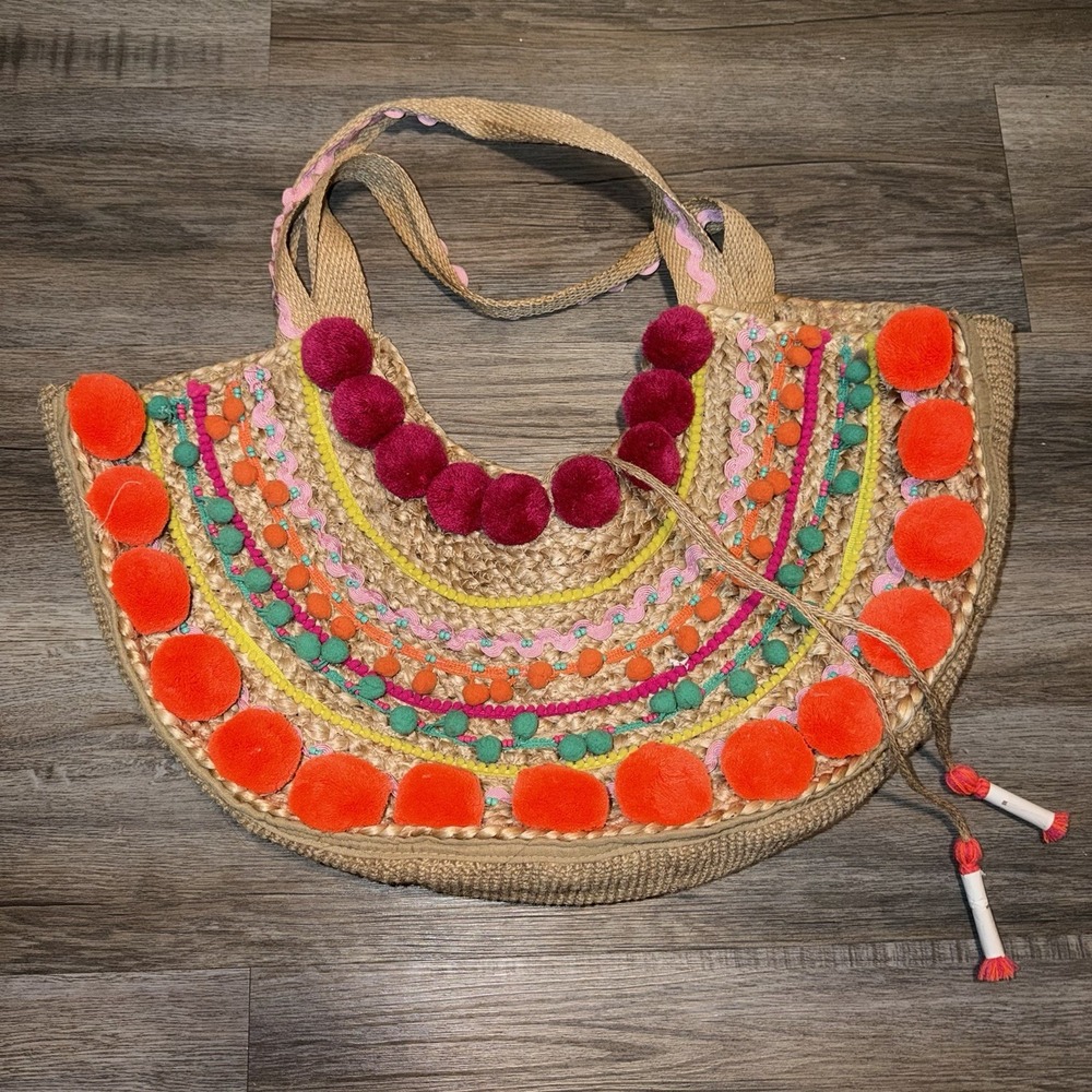 America & Beyond Bag 100% Jute Hand Decor Pom-Poms Tassels Beads Hand Shoulder